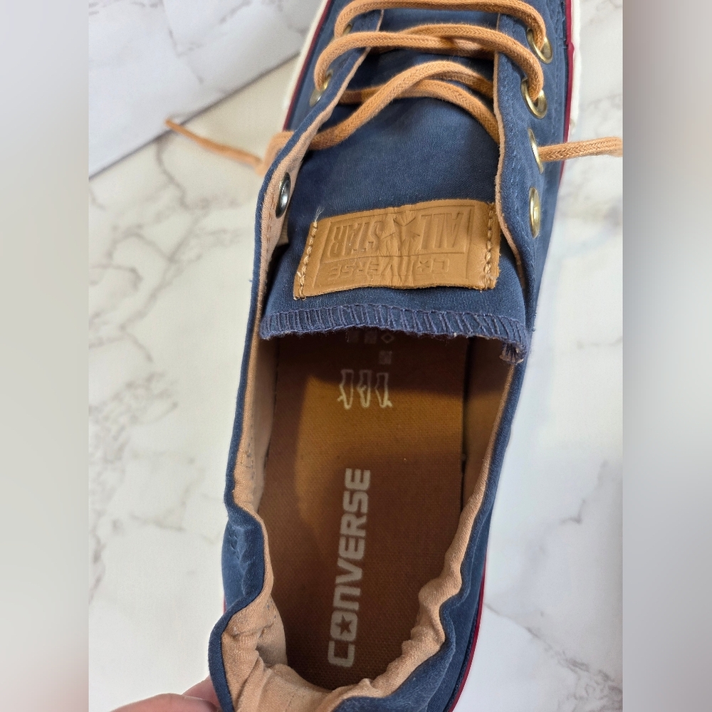 Converse Navy Canvas Low Top Sneakers with Tan Accents - Picture 3 of 6